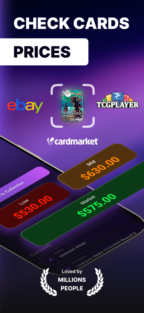 Identify Card Value: TCG Scan - Mobile app interface showing market prices for a scanned Umbreon VMAX card from eBay TCGPlayer and Cardmarket