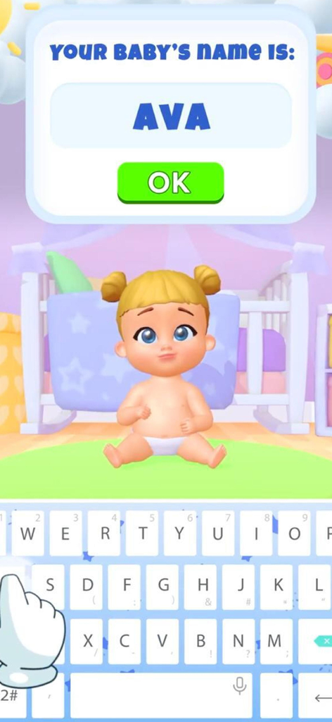 My Baby Care: Virtual Dress Up - Screenshot of the My Baby Care app showing a baby girl character and a naming screen with the name Ava