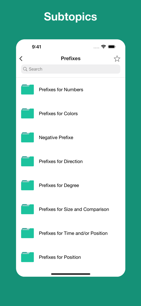 Kategorisierte Liste der Unterthemen medizinischer Präfixe in der mobilen App