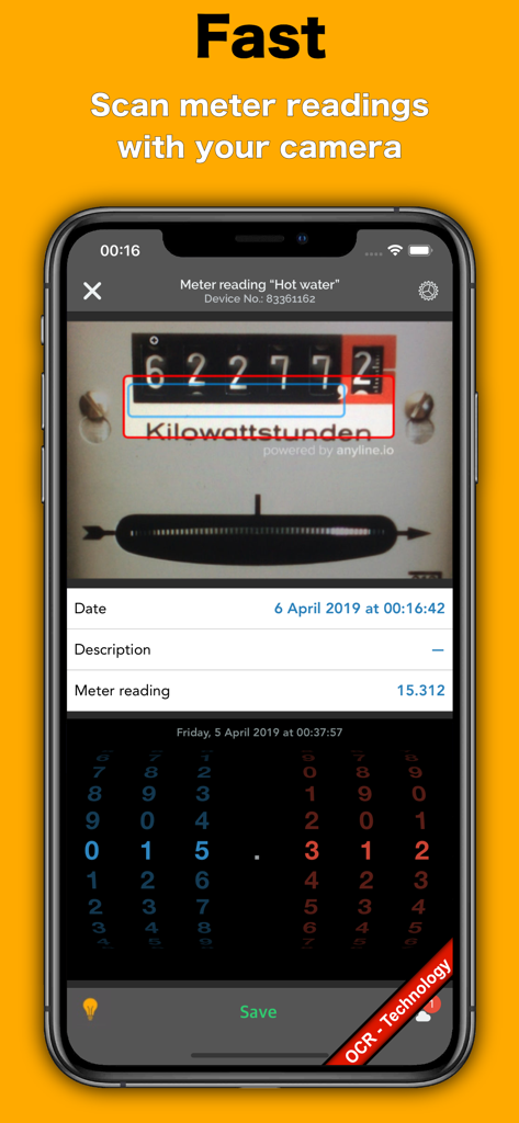 Energy Tracker app scanning a physical utility meter using OCR technology