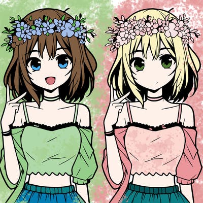 a anime girl wearing a crop top and flower crown