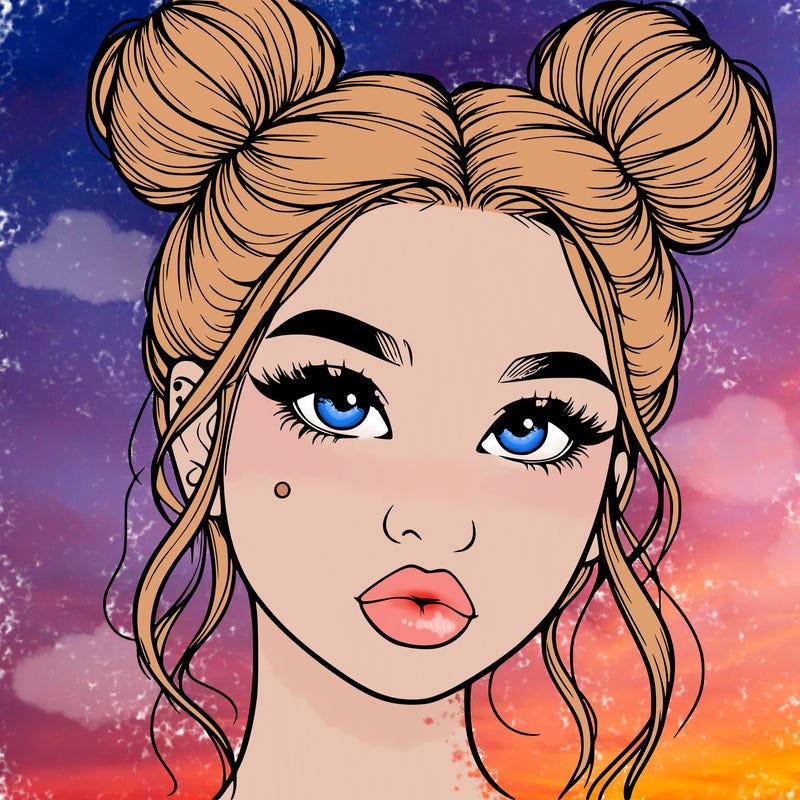 realistic girl with two buns on her hair and lips