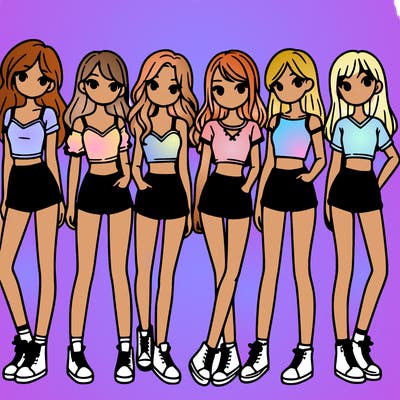 a group of girls wearing crop tops and shorts