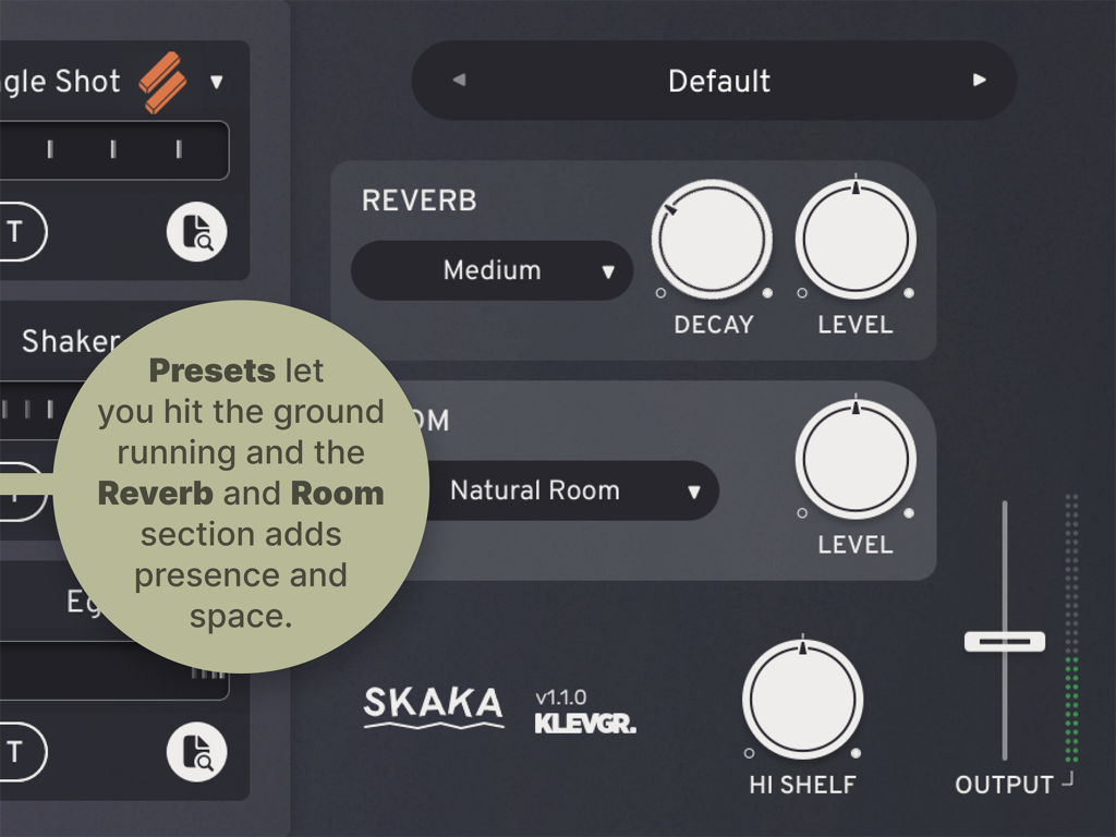 Skaka - Shaken Percussion - Interface of the Skaka app showing reverb and room simulation controls for percussion music production