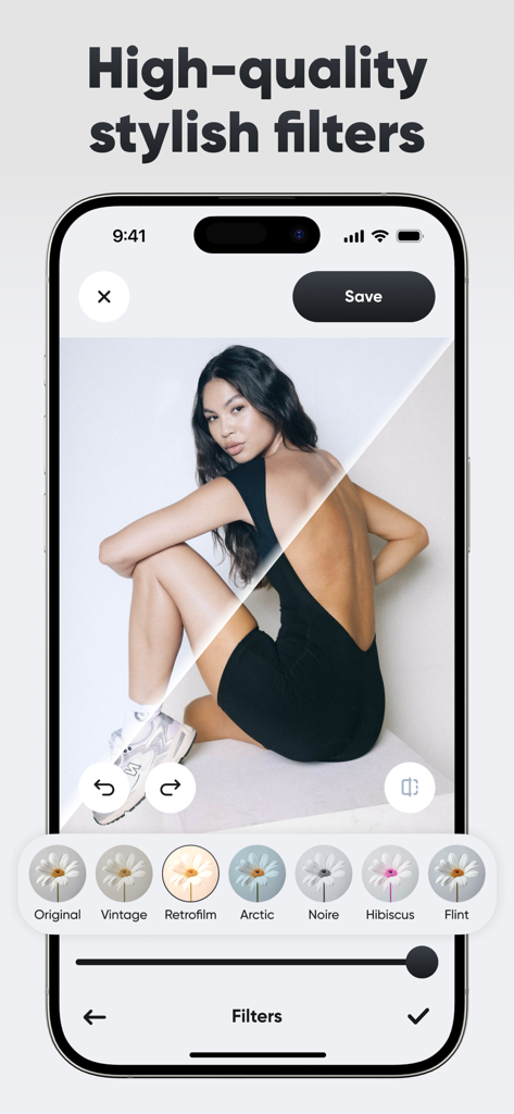 A smartphone screen displaying high quality stylish filters being applied to a photo of a woman using the Photo Editing Body and Face app.