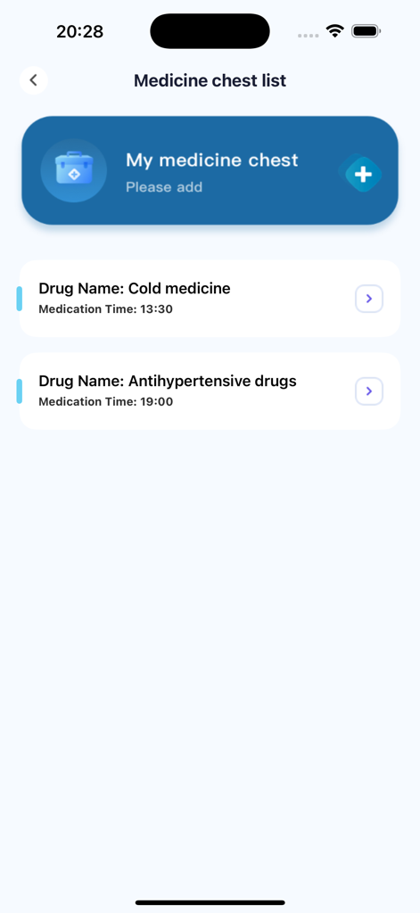 Clarity:Daily Health Journal - Medication reminder list in the Clarity app displaying drug names and scheduled times