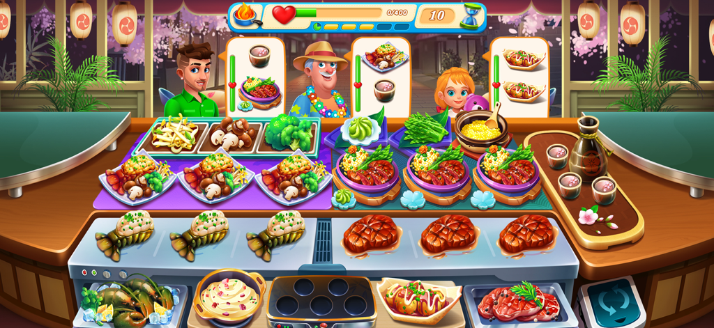 Cooking Love - Restaurant Chef - Gameplay of Cooking Love showing a Japanese restaurant scene with various dishes and customers