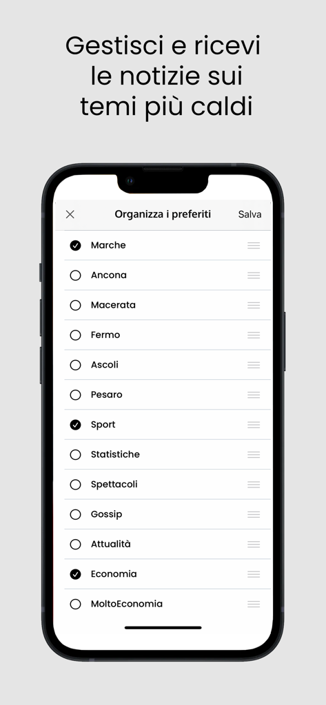 Schermata dell'app mobile Corriere Adriatico per organizzare le categorie di notizie preferite e gli argomenti regionali.