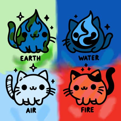 4 cats that represent the different elements, earth, water, air, and fire