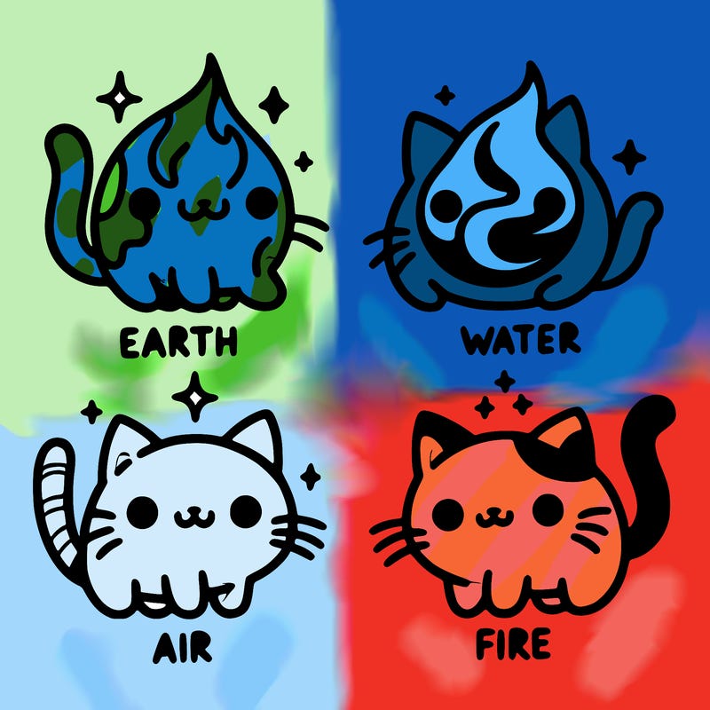 4 cats that represent the different elements, earth, water, air, and fire