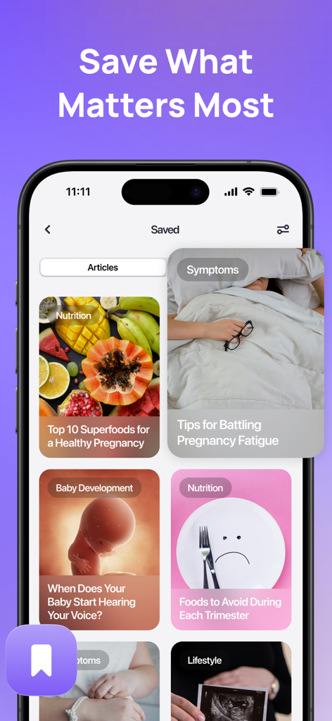 Uni - Pregnancy + Baby Growth - A screenshot of the Uni app showing a library of saved articles about pregnancy nutrition baby development and health tips