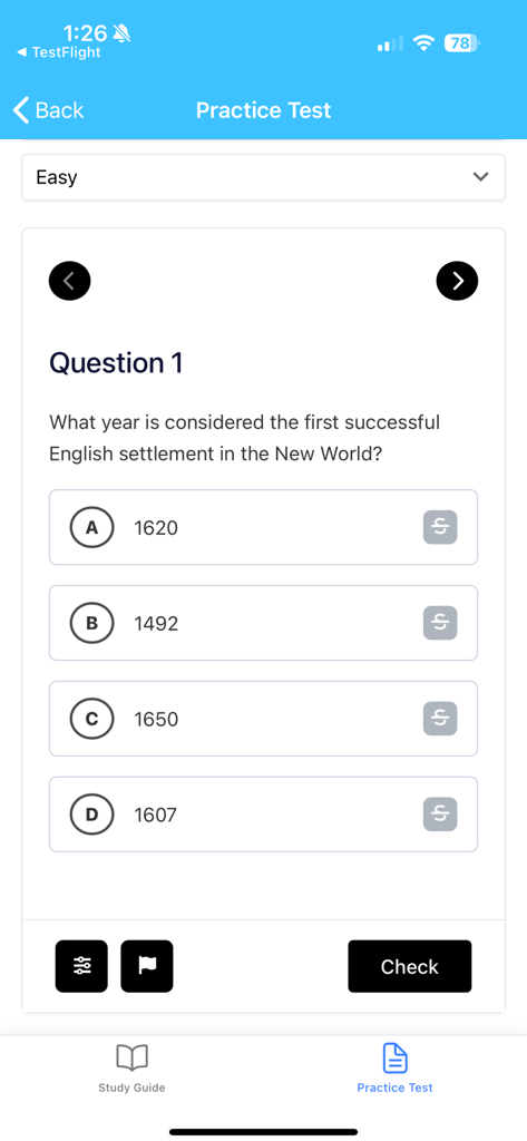 Practice test interface on the LumiSource app showing a multiple choice question about historical settlements