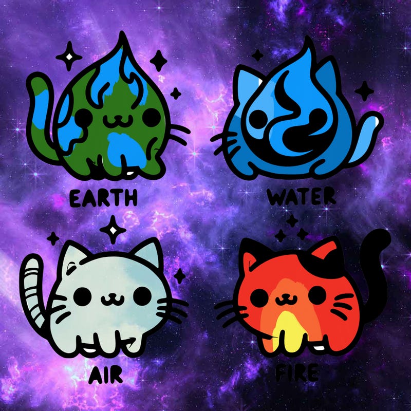 4 cats that represent the different elements, earth, water, air, and fire