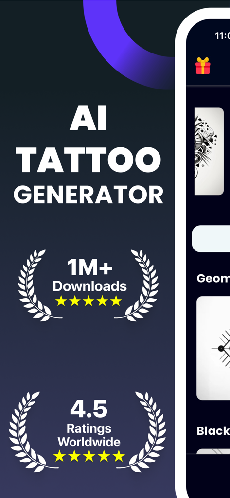 AI Tattoo Generator, Designs - Promotional screen for AI Tattoo Generator showing over 1 million downloads and a 4.5 star rating