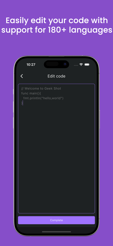 Geek Shot - Geek Shot mobile app screen showing the code editor interface with support for over 180 languages.
