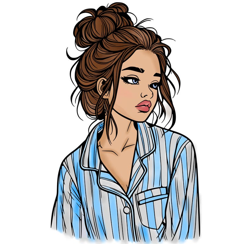 realistic woman with pajamas on and a messy bun