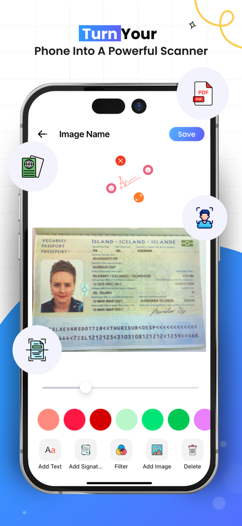Live HD Wallpapers Background - Interfaz de una aplicación móvil escaneando un pasaporte con opciones para agregar firma de texto y filtros.