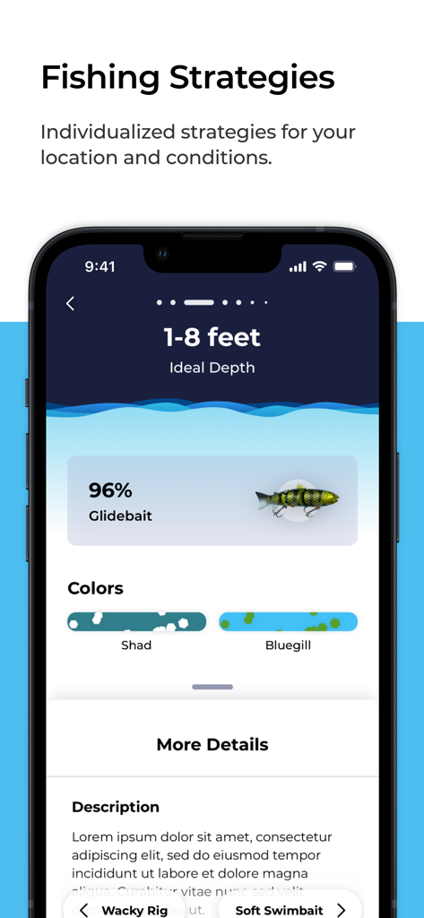 Lure Cast app interface displaying fishing strategies and lure recommendations
