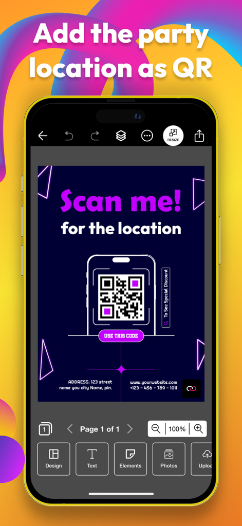 Un smartphone montrant la conception d'une affiche avec un code QR intégré pour le partage d'emplacements
