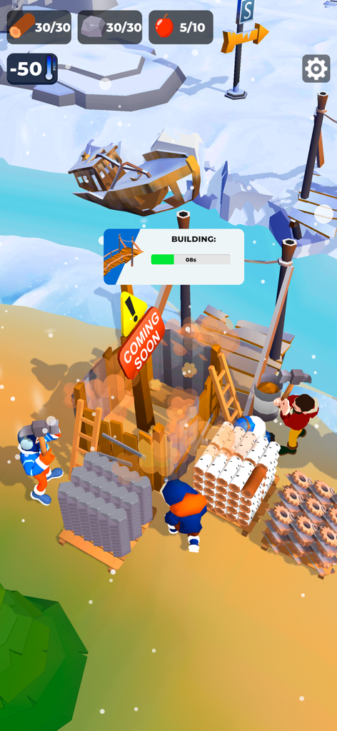 Frost Land Survival - Survivors constructing a building in a snowy environment with resource management UI