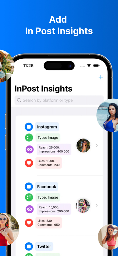 TikFoIIow Boost - A smartphone screen displaying post insights for Instagram and Facebook with metrics for reach impressions and engagement