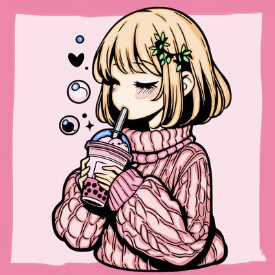 manga girl drinking boba in cozy sweater