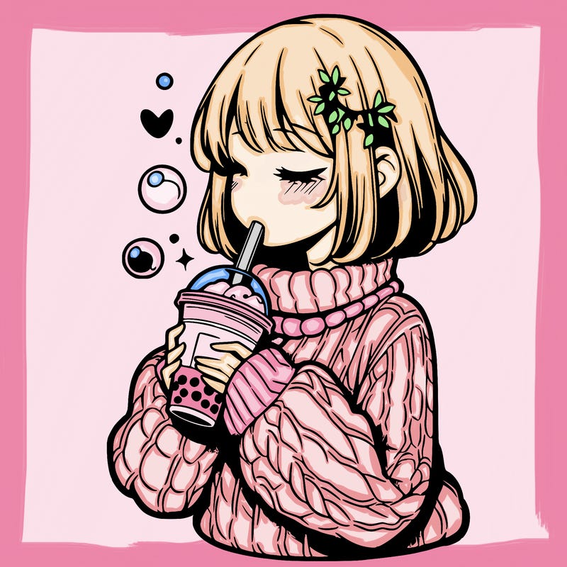 manga girl drinking boba in cozy sweater