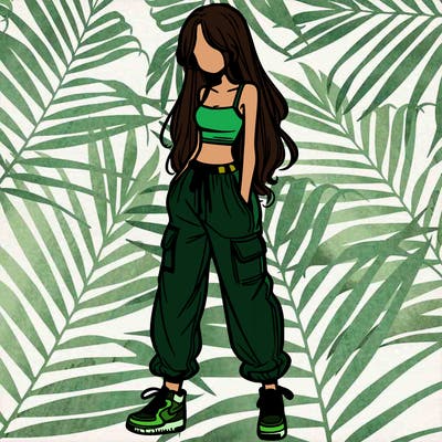 girl in baggy pants crop top and long hair