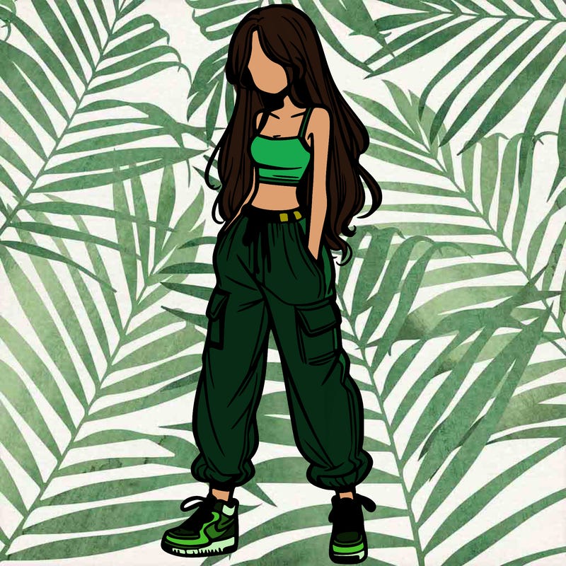 girl in baggy pants crop top and long hair