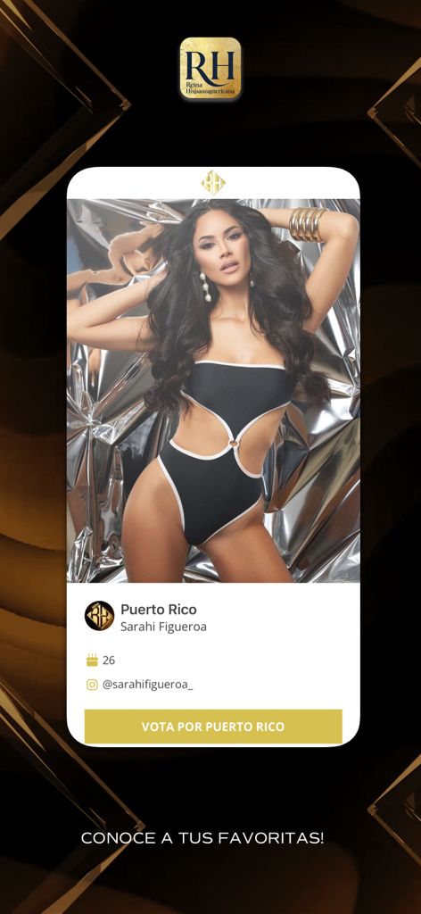 Pantalla de perfil de Sarahi Figueroa representando a Puerto Rico en la app Reina Hispanoamericana con un botón para votar por ella.