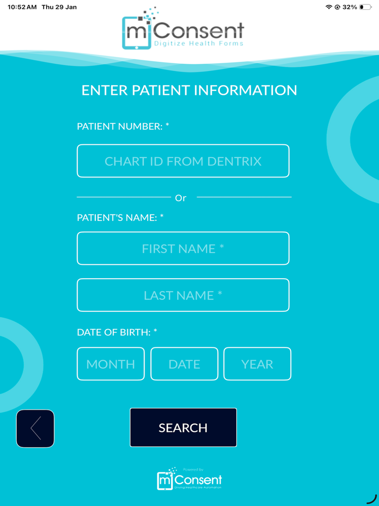 Patient information search screen in the mConsent-DX dental app