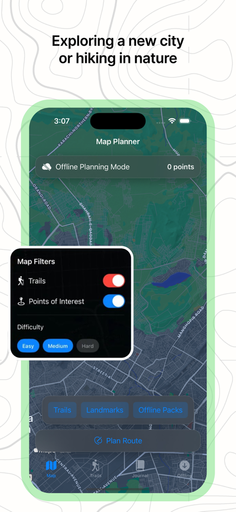 Offline RouteMap 3D - Une capture d'écran du planificateur de carte de l'application Offline RouteMap 3D montrant les filtres de sentiers et les niveaux de difficulté