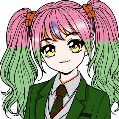 realistic girl with two ponytails and a suit on