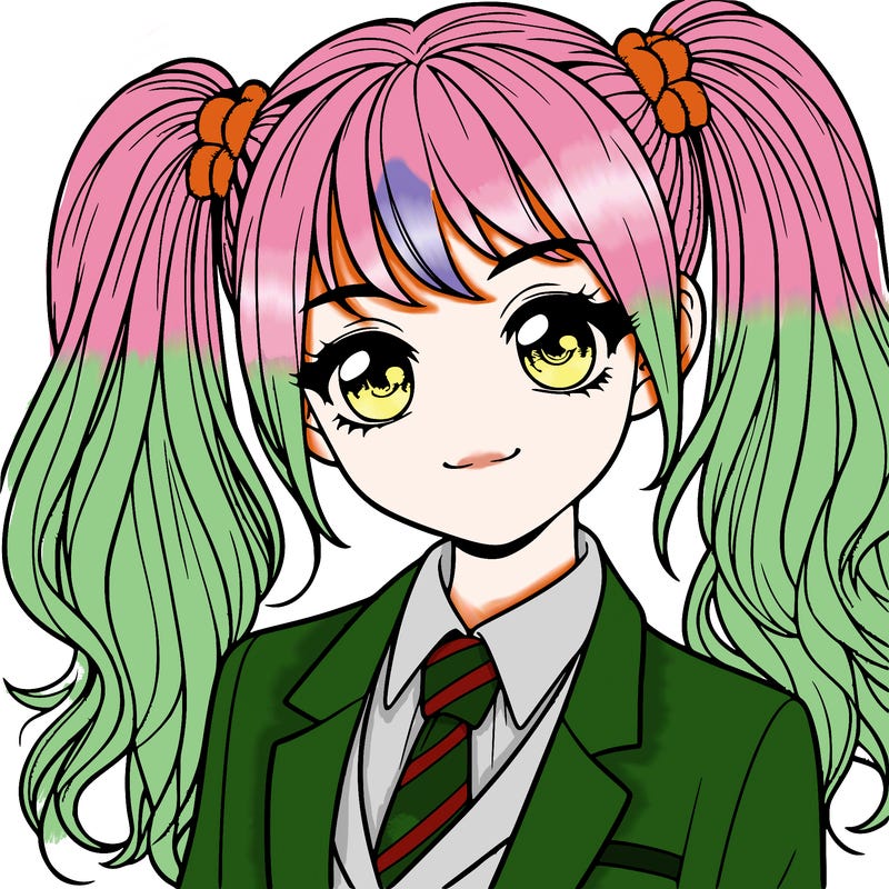 realistic girl with two ponytails and a suit on