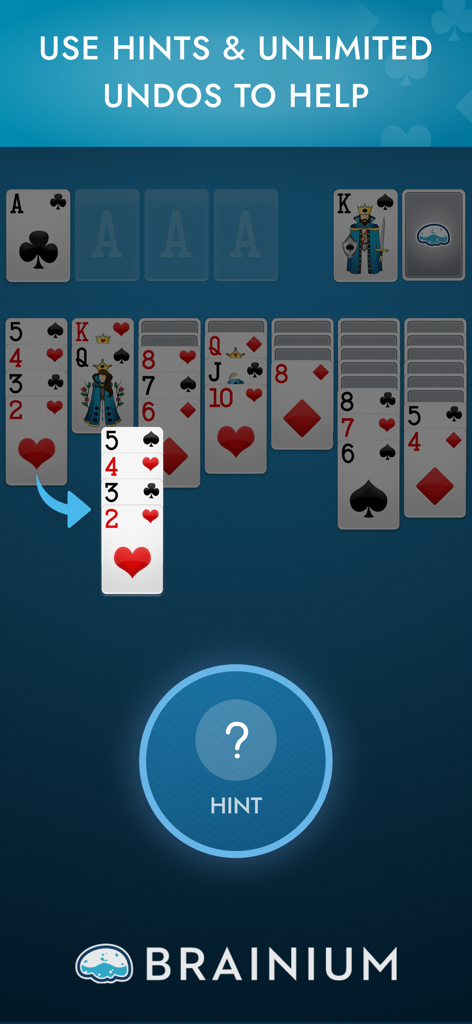 Solitaire classic card game interface showing the hints and undos features