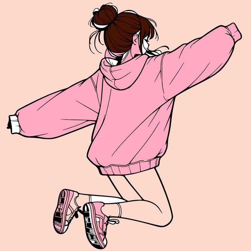 realistic girl jumping with a bun and oversized sweatshirt