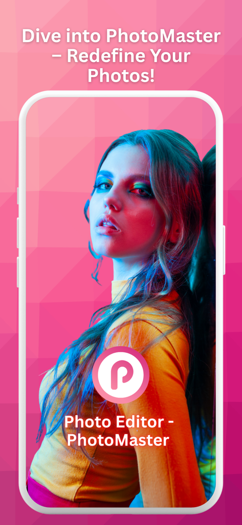 Una mujer con vibrantes efectos de iluminación de neón mostrando la interfaz de la aplicación PhotoMaster