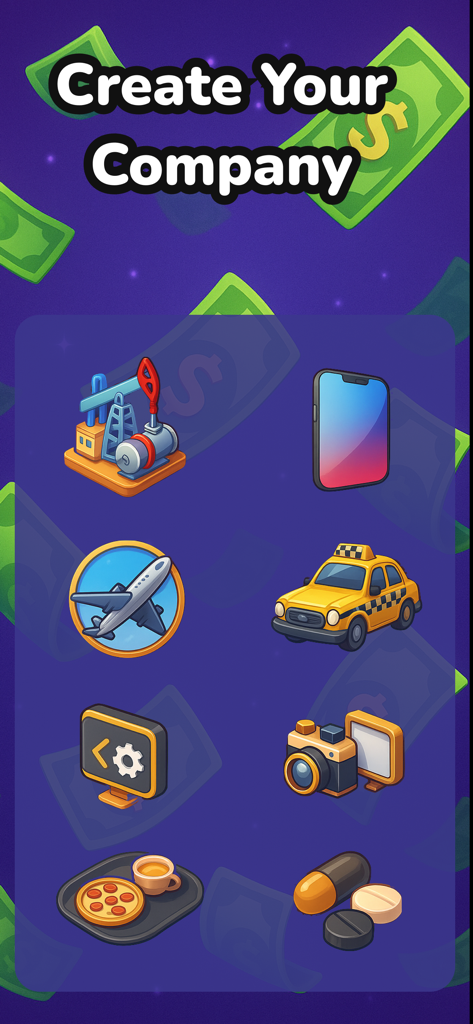 Una interfaz de juego que muestra diferentes sectores empresariales como tecnología, petróleo y aviación para iniciar una empresa.