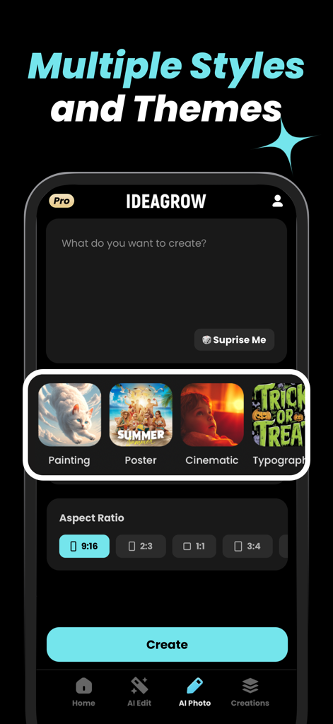 Ideagrow : AI Image Generator - Interfaz de la aplicación Ideagrow que muestra varios estilos de imágenes de IA como póster pintado y cinemático con opciones de relación de aspecto.