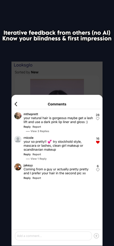 A screenshot of the Looksglo app showing a comments section where community members provide personal glow up advice and beauty feedback.