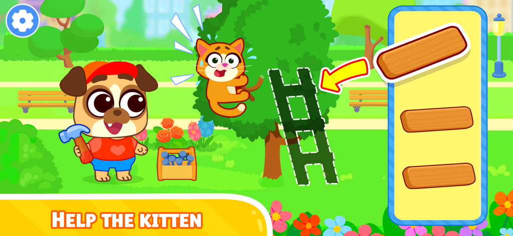 Cachorro de desenho animado construindo uma escada para resgatar um gatinho de uma árvore em um parque