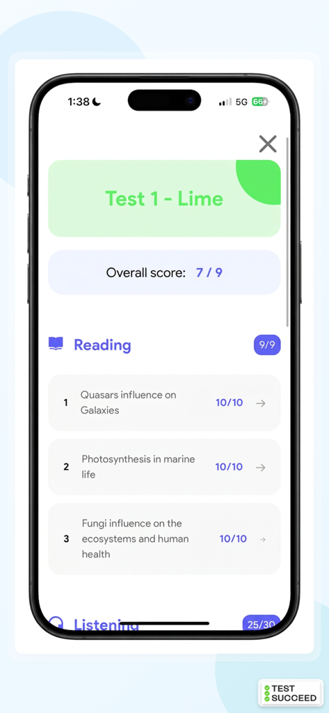 IELTS Practice & Mock Tests - Pantalla de resultados de examen simulado IELTS que muestra la puntuación general y el rendimiento detallado de la sección de lectura.