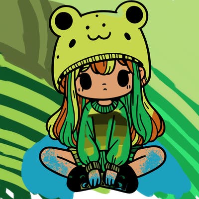 a girl wearing a frog hat and some frog socks