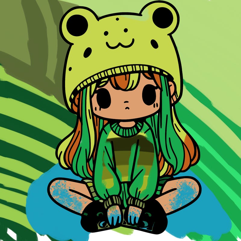 a girl wearing a frog hat and some frog socks
