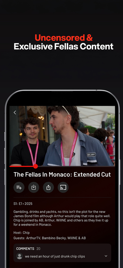 Fellas Loaded - Écran de smartphone affichant l'application Fellas Loaded avec une vidéo exclusive intitulée The Fellas In Monaco Extended Cut