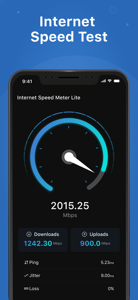 Internet Speed Meter Lite - Oberfläche der Internet Speed Meter Lite App mit Echtzeit-Download- und Upload-Geschwindigkeiten sowie Ping- und Jitter-Statistiken