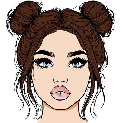 realistic girl with two buns on her hair and lips