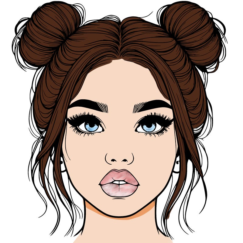 realistic girl with two buns on her hair and lips