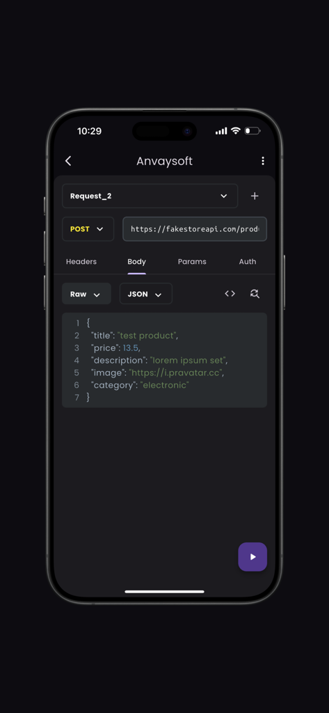 API Tester(Pro) - Interface of API Tester Pro app showing a POST request with a JSON body