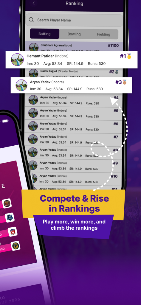 CrickBro - Cricket Scoring App - CrickBro app screen showing a leaderboard of ranked cricket players with batting statistics.
